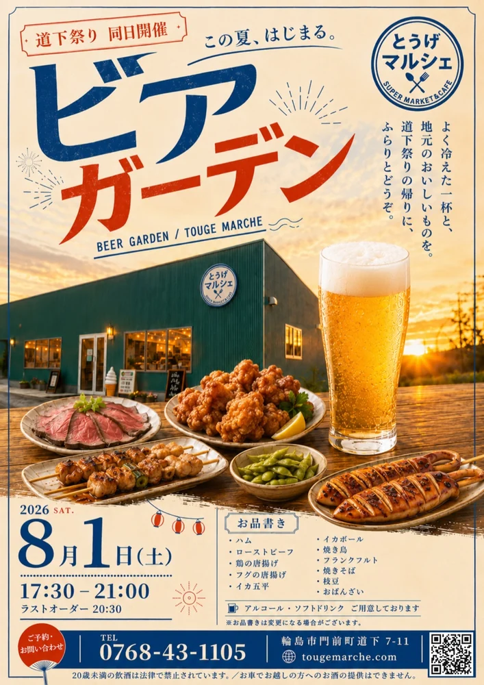 8月1日のビアガーデンのチラシ。道下祭りと同日開催、17時30分から21時まで。