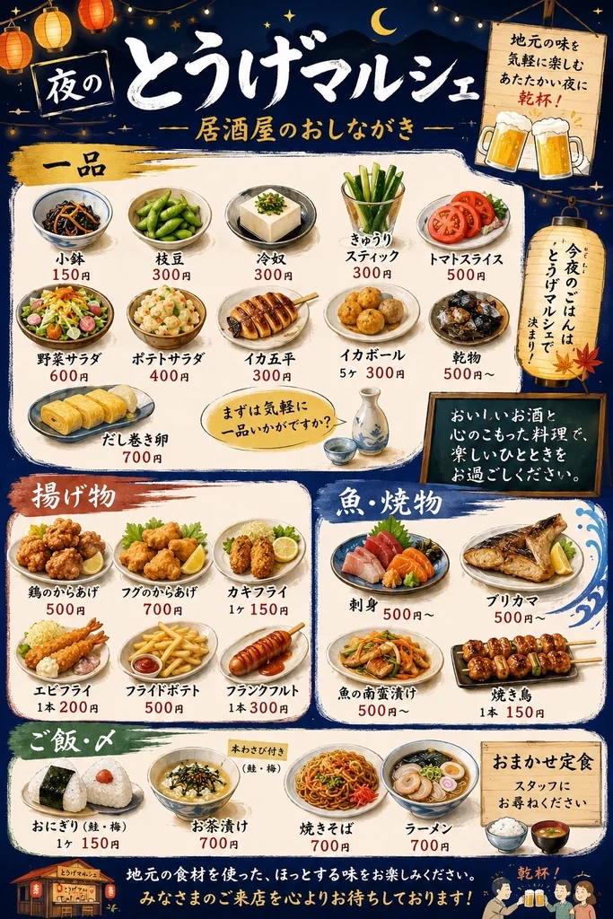 夜のとうげマルシェ 居酒屋のおしながき（2026年8月8日開催時のもの。品目と価格は本文にも記載しています）
